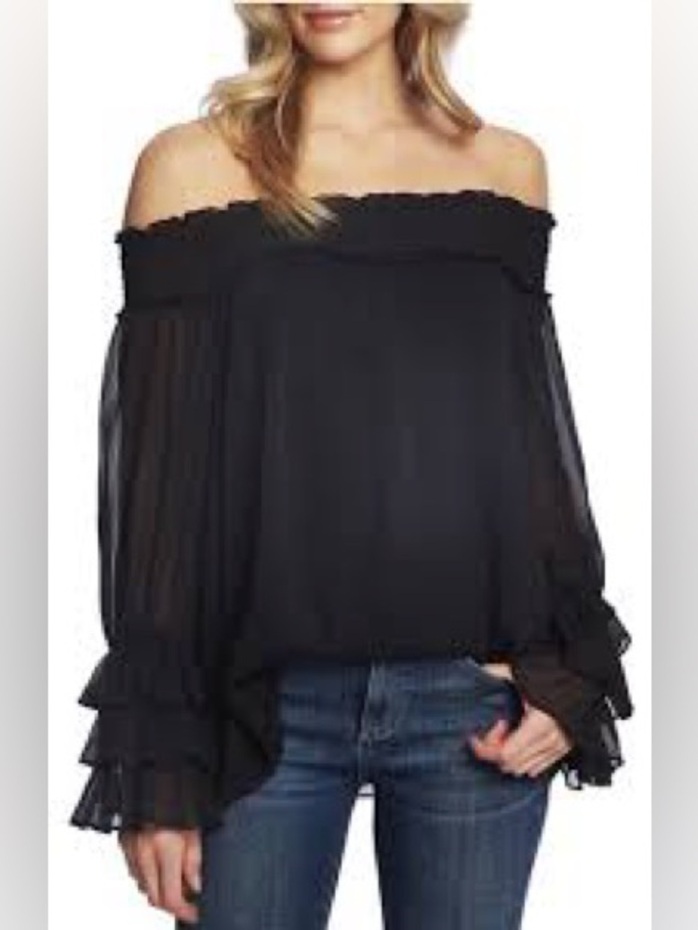 CeCe Black Sheer Ruffle Sleeve Off-the Shoulder Blouse